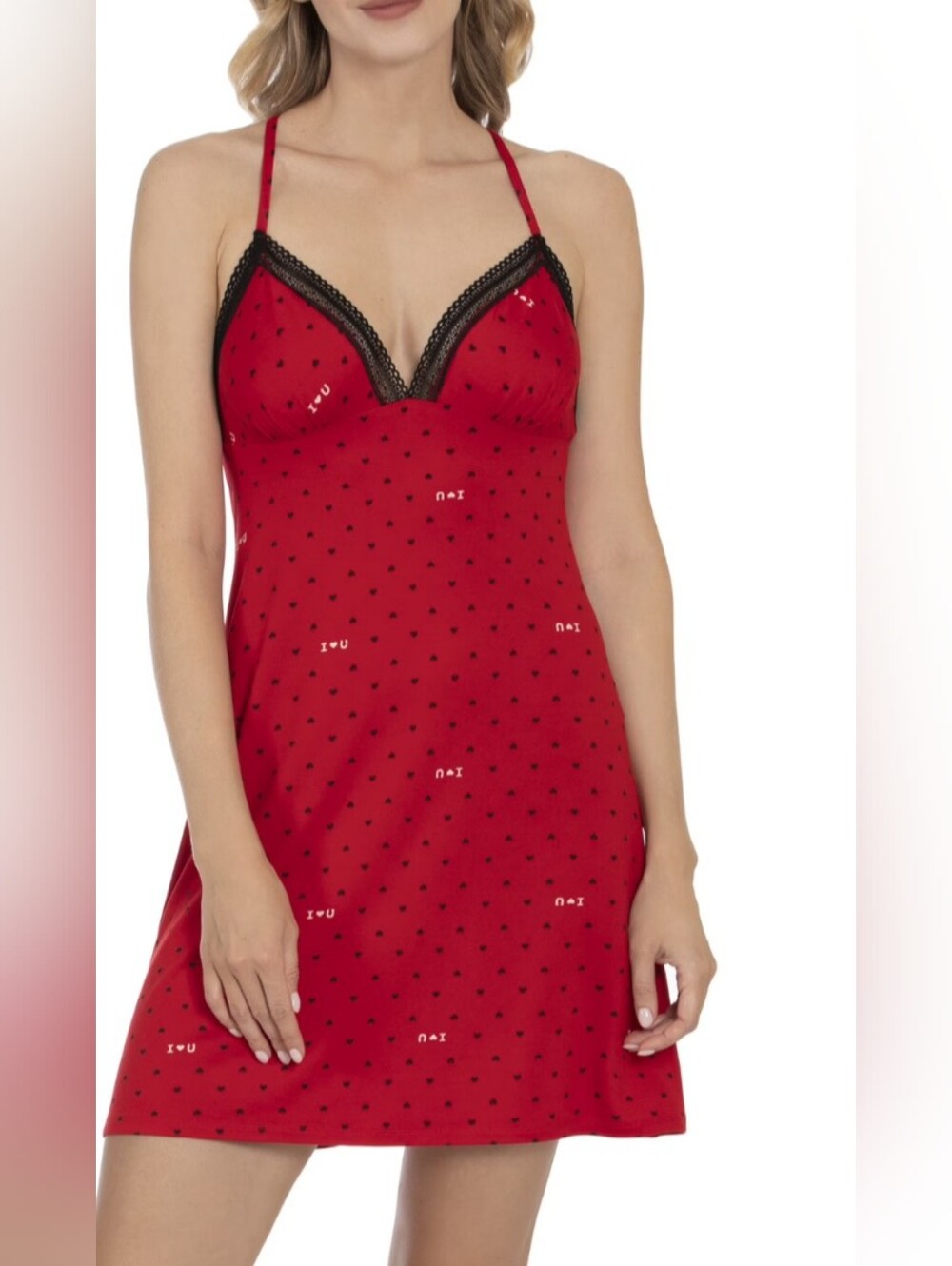 Secret Treasures Red Slip Chemise with Black Lace Trim